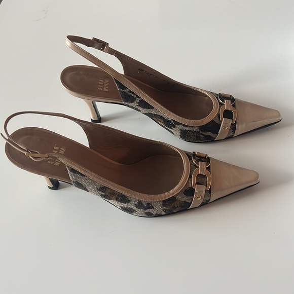 STUART WEITZMAN Leather Cheetah Fabric Sling-back Heels - Picture 2 of 8
